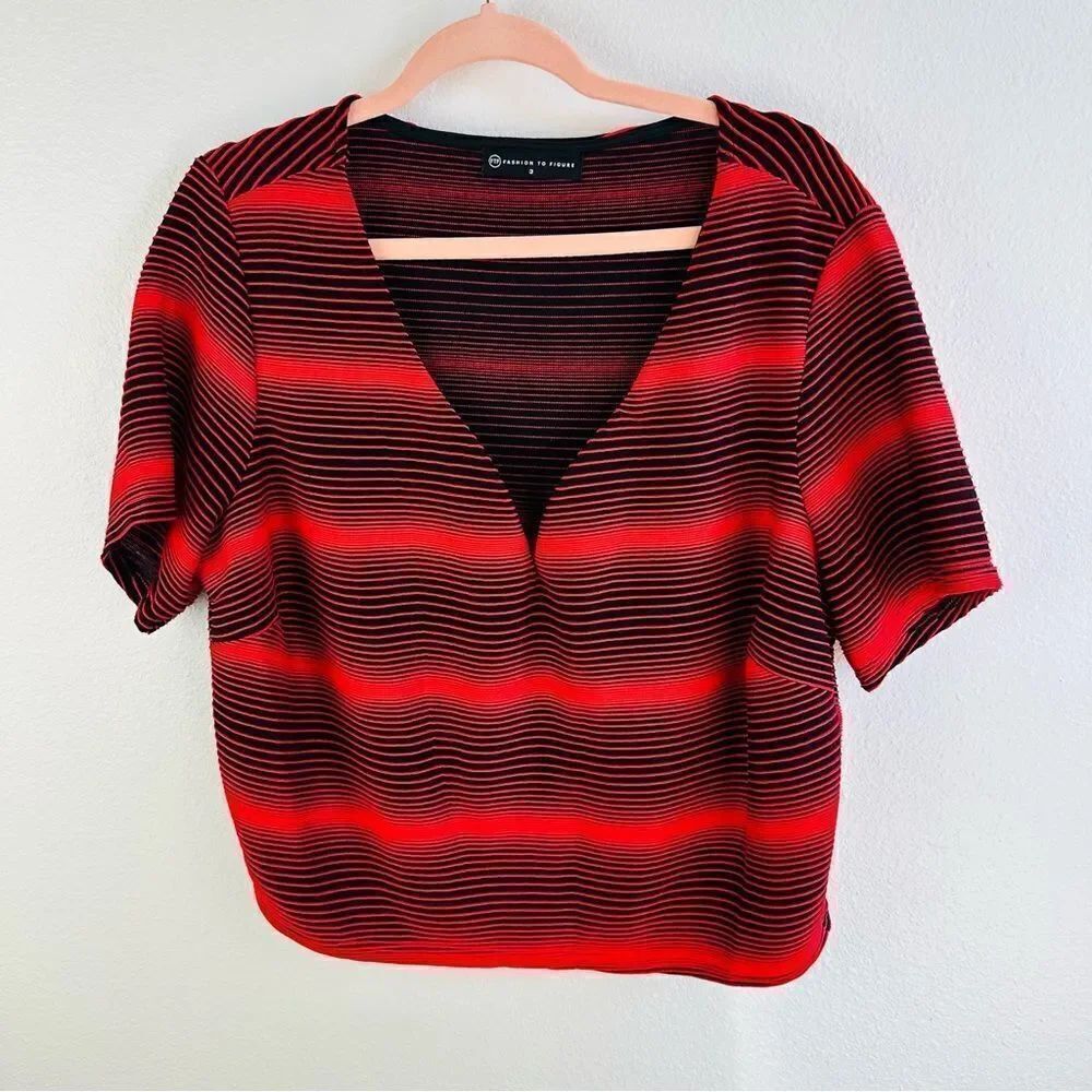 Fashion to Figure‎ Red Black Textured Striped Top